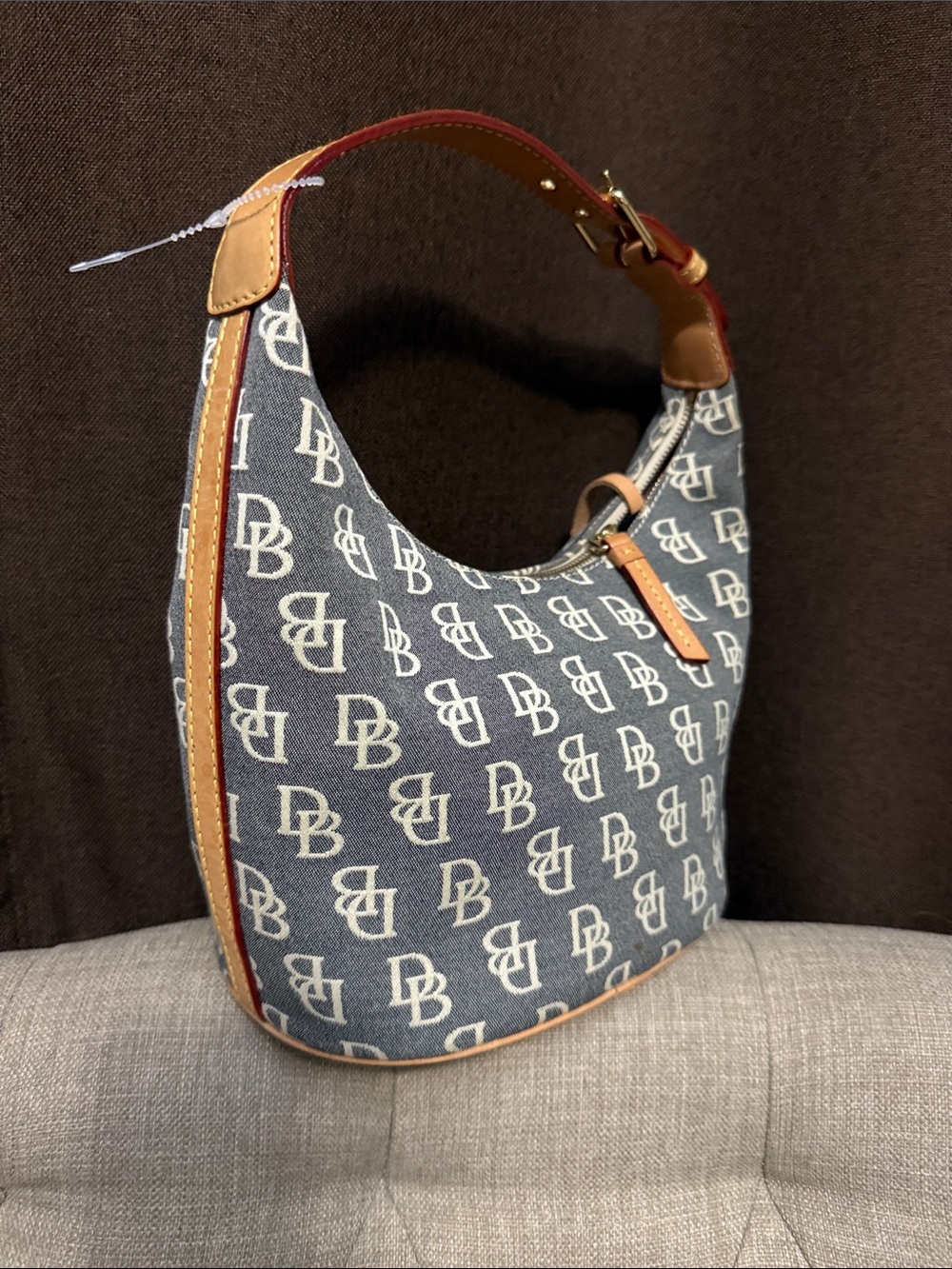 Dooney & Bourke Gray & Cream DB Logo Mini Hobo Canvas Bucket bag